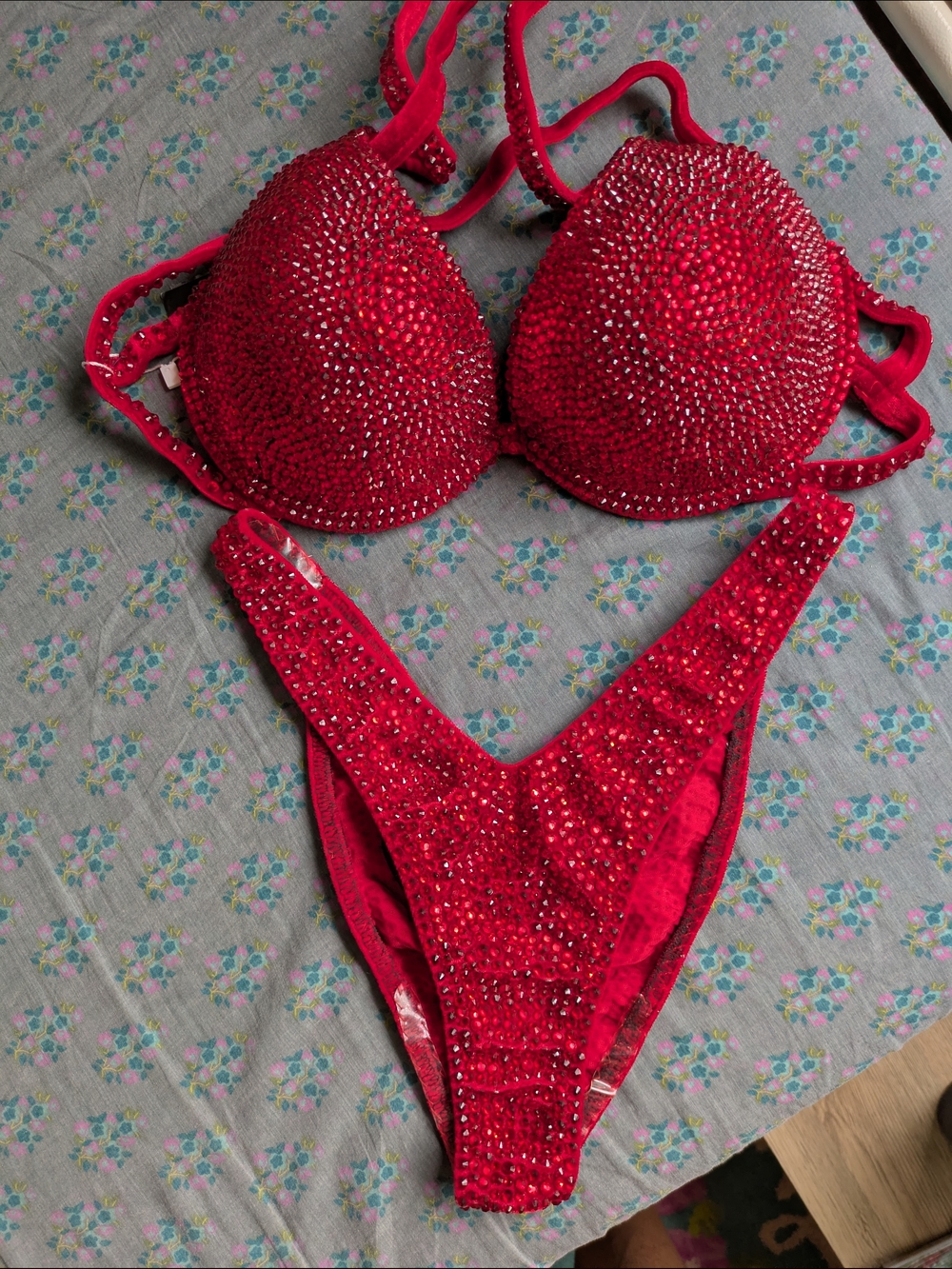 Red Crystal Embellished Bikini Set